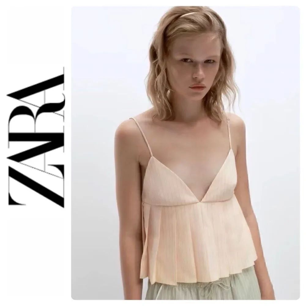 NWT Zara Cotton Striped Pleated Babydoll Spaghetti Strap Cropped Top, Size XS